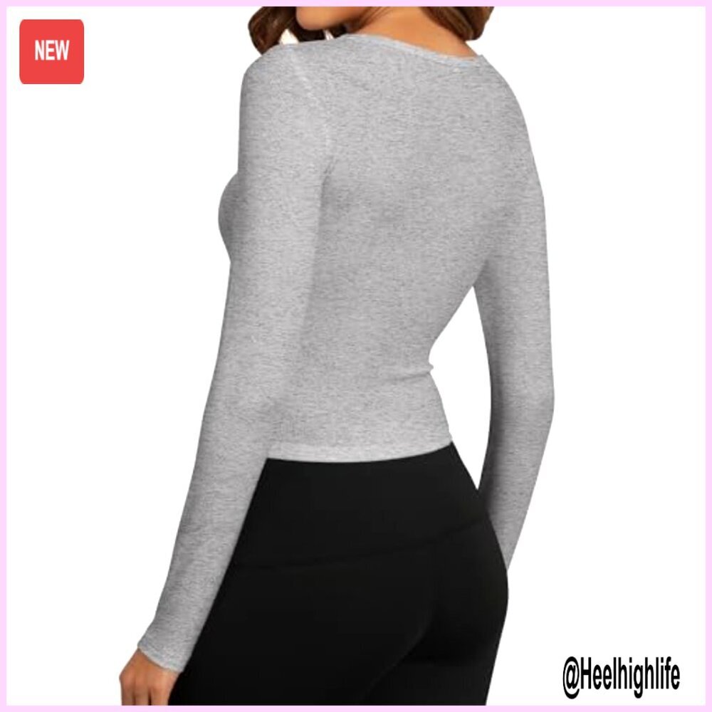 Ribbed Long Sleeve Crop Top Slim Fit Boat Neck Stretchy Basic Tee - Picture 2 of 7